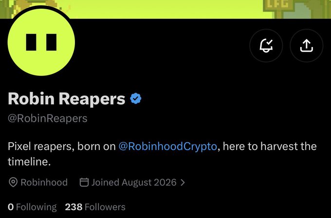 A Twitter profile page for 'Robin Reapers' (@RobinReapers) shows a yellow smiley face avatar and the bio 'Pixel reapers, born on @RobinhoodCrypto, here to harvest the timeline.' with 238 followers and 0 following.