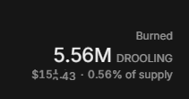 A dark screen displaying cryptocurrency burn statistics: 'Burned 5.56M DROOLING' with a value of $15,543 and '0.56% of supply'.