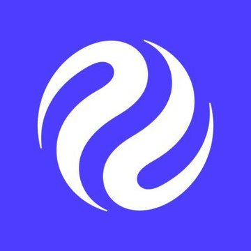 A logo featuring two interlocking white curved shapes on a vibrant purple/blue background.