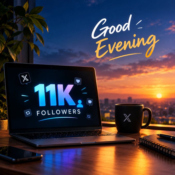 A digital illustration displays a laptop showing '11K FOLLOWERS' on its screen alongside a mug with the X logo, set against a sunset cityscape with 'Good Evening' text.