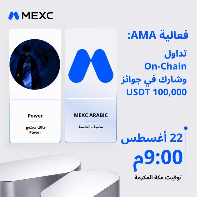 A MEXC Arabic promotional graphic announces an 'AMA' session with 'Power' on 'On-Chain' trading, featuring a 100,000 USDT prize pool, scheduled for Thursday the 22nd at 9:00 PM Mecca time.