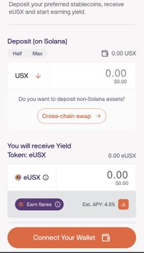 A mobile app screen for depositing USX on the Solana network to receive eUSX yield tokens, showing fields for deposit amount and an estimated APY of 4.5%, with a 'Connect Your Wallet' button.