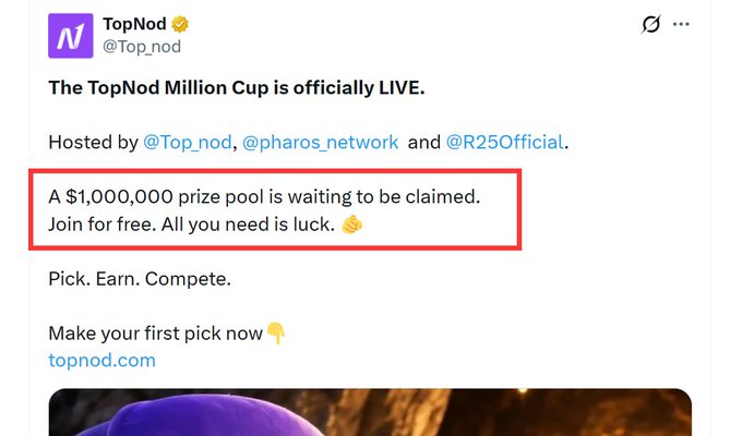The image shows a screenshot of an online advertisement promoting a TopNod competition where participants need to pay $1,000,000 to join. The text reads "TopNod Million CUP is officially Live." This implies that this particular event takes place within a Million Cup context and is likely related to the TopNod organization or its sponsors. The image also includes details about how to claim points from the competition.