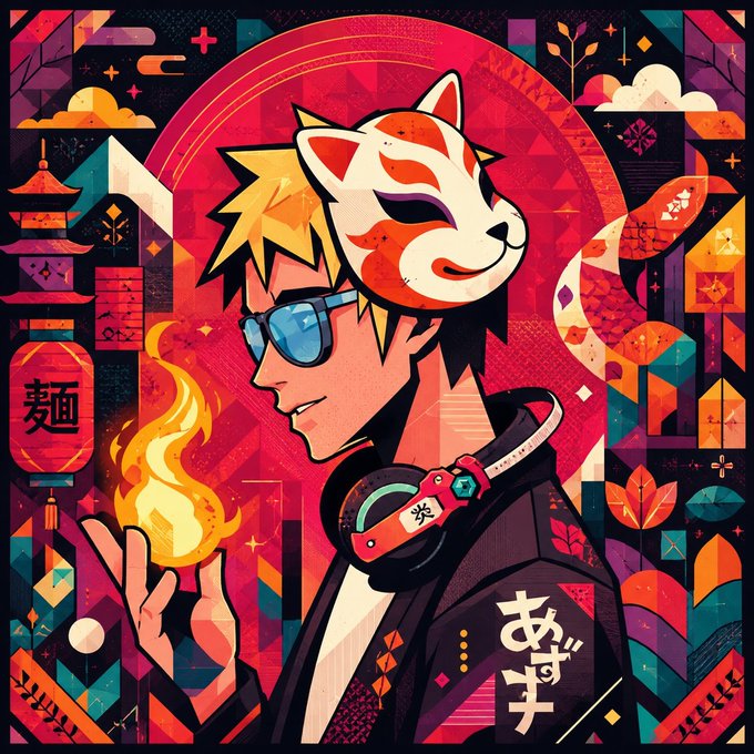 Vibrant stylized illustration of a character wearing a fox mask and sunglasses, holding fire with Japanese characters and a pagoda in the background.