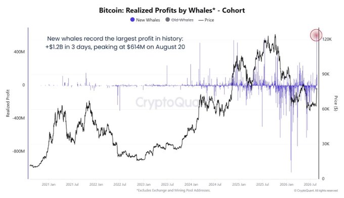 The chart from CryptoQuant displays Bitcoin realized profits by whale cohorts, showing new whales (blue) and old whales (gray) alongside BTC price (2021–2026), with an annotation highlighting that new whales recorded the largest profit in history at +$1.2B over 3 days, peaking at $614M on August 20. The graphic directly supports the post's claim, illustrating the surge in realized profits among new whale entrants near the $120K price level as Bitcoin reclaimed their cost basis around ~$70K.