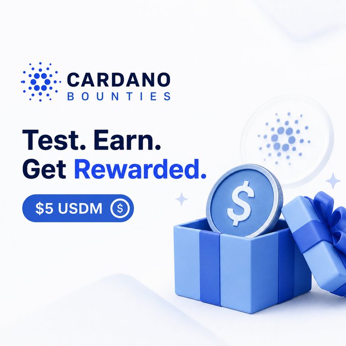 An advertisement displays the 'CARDANO BOUNTIES' logo with the text 'Test. Earn. Get Rewarded.' and a prominent '$5 USDM' button next to an image of a blue gift box and a coin.