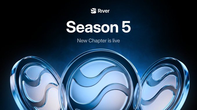 The image features a poster for "River 5" season 5, which is a new chapter of the show. The poster showcases three glass coins with blue swirls, symbolizing the theme of the new chapter. The background of the poster is black, making the white text and coins stand out prominently. The phrase "New Chapter is Live!" is written in white at the top of the poster to emphasize the exciting development that awaits viewers as they watch season 5.