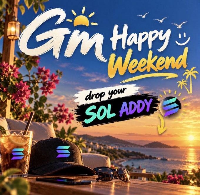 A vibrant weekend greeting image featuring a sunset coastal scene with a cap, sunglasses, and a drink on a table, overlaid with the text "Gm Happy weekend - drop your SOL ADDY" alongside the Solana logo, directly matching the post's call for SOL wallet addresses to spread good vibes.