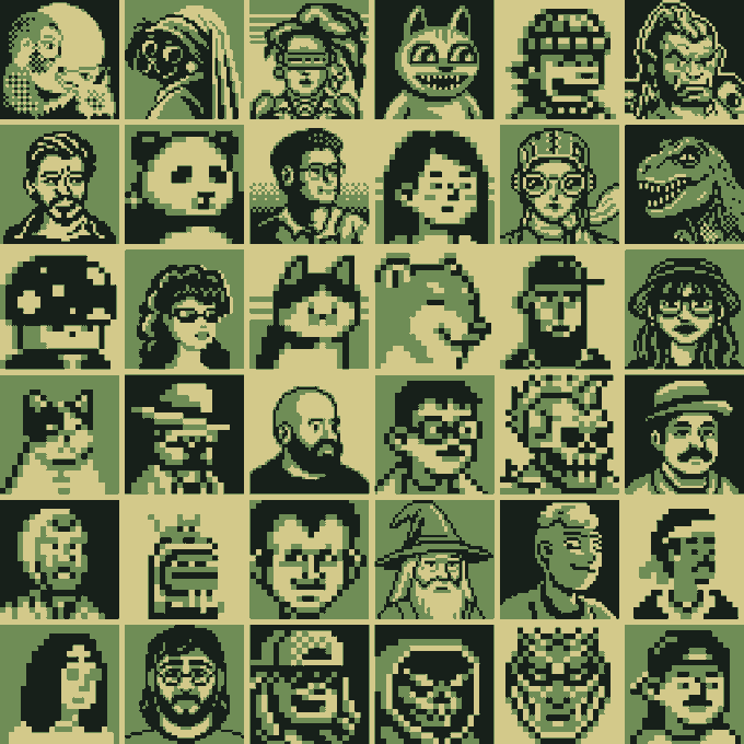 A grid of 36 pixel art portraits in a limited green, cream, and dark green palette, featuring various stylized characters including humans, animals, and fantasy creatures.