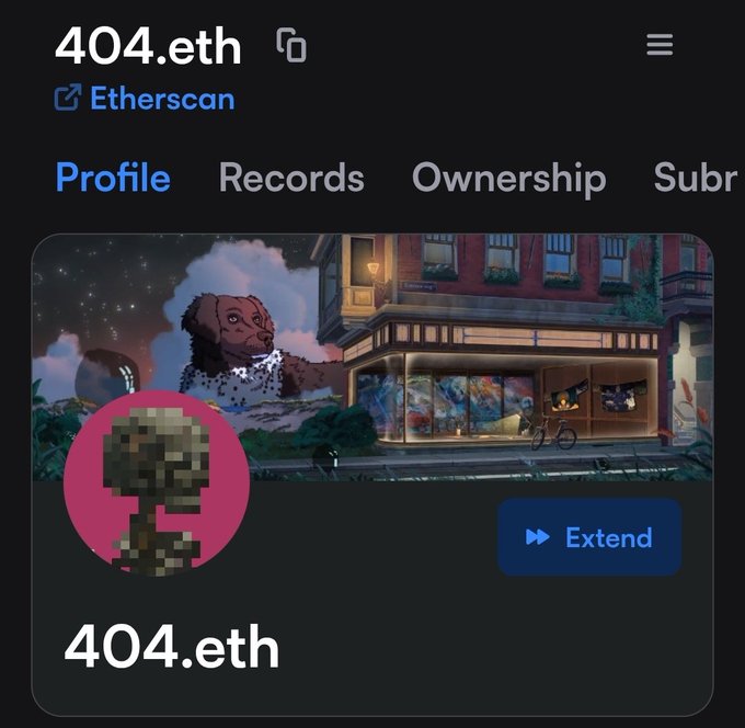 Etherscan profile page for 404.eth showing a pixel art avatar and a banner illustration of a building.