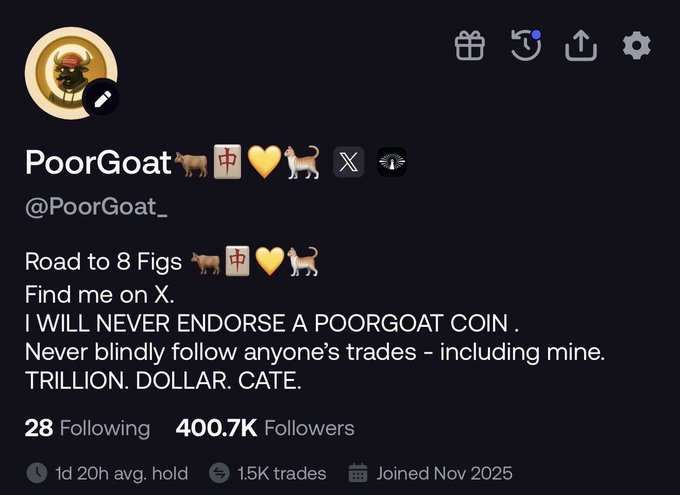 A profile screenshot shows the Twitter/X account "PoorGoat" (@PoorGoat_) with 400.7K followers and a bio mentioning "Road to 8 Figs," "TRILLION. DOLLAR. CATE," and a disclaimer never to follow anyone's trades blindly—a notable milestone backdrop as the post celebrates gaining 50K followers in a single day to amplify the $CATE project's exposure.