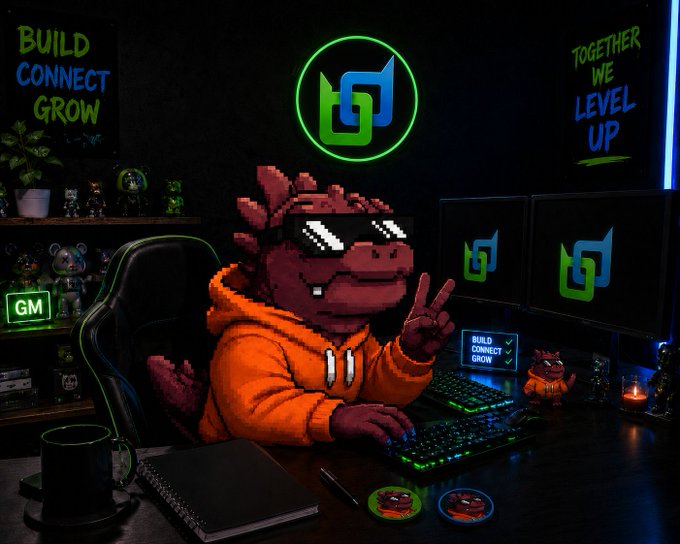 A pixel-art dragon wearing sunglasses and an orange hoodie poses at a gaming setup, flashing a peace sign with "BUILD CONNECT GROW" and "TOGETHER WE LEVEL UP" displayed on the walls. The branded "BD" logo and inspirational messaging suggest the creator is promoting an upcoming Beldex (BDX) token airdrop campaign, fitting the post's excitement about handling the privacy-first blockchain project.