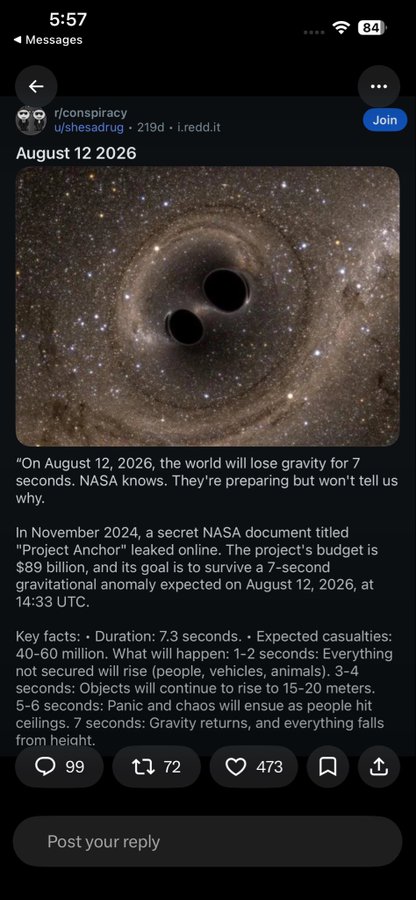 A Reddit screenshot from r/conspiracy dated August 12, 2026, shows an image of two black holes and text claiming NASA knows the world will lose gravity for 7 seconds on that date due to a leaked document titled 'Project Anchor'.