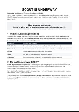 A scanned educational document titled 'SCOUT IS UNDERWAY' outlines a 'Principled Intelligence - Product Development' framework, detailing sections on 'What Scout is being built to do' and 'The intelligence layer: SAGE™'.