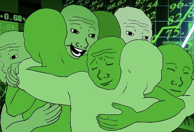 A green-tinted 'Wojak' or 'Soyjak' style meme depicting multiple bald cartoon figures hugging each other contentedly against a background of green stock market numbers.