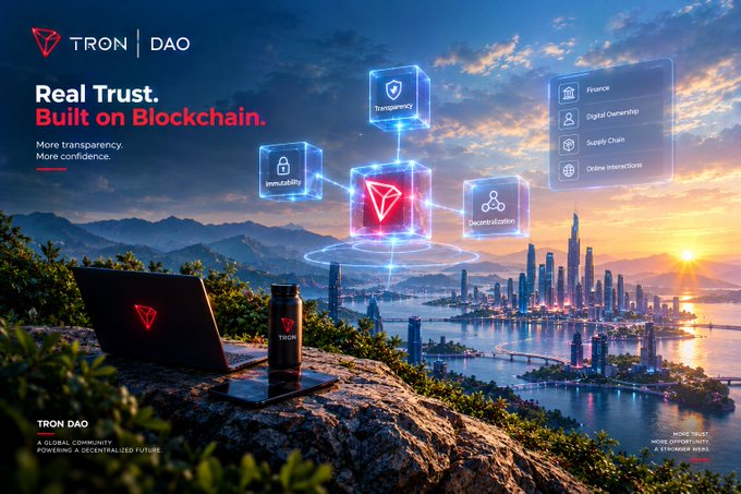 A TRON DAO promotional graphic reading 'Real Trust. Built on Blockchain,' featuring a futuristic city skyline at sunset with holographic icons representing Transparency, Immutability, Decentralization, Finance, Digital Ownership, Supply Chain, and Online Interactions.
