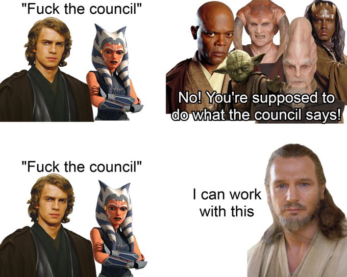 A Star Wars meme showing Anakin and Ahsoka saying 'Fuck the council', followed by the Jedi Council saying 'No! You're supposed to do what the council says!', then Anakin and Ahsoka repeating their statement to which Qui-Gon Jinn responds 'I can work with this'.
