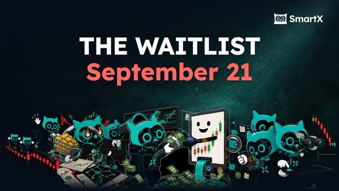Promotional banner for SmartX announcing "THE WAITLIST September 21," featuring teal cartoon cat-like creatures with charts, money, and a central screen displaying a smiley face and candlestick graph.