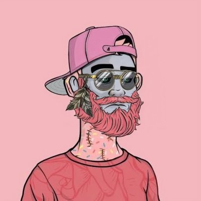 The image shows a stylized cartoon illustration of a bearded man wearing a pink baseball cap, round sunglasses, and a pink shirt, set against a pink background. The colorful, trendy NFT-style artwork complements the post's claim about its future $20K value, suggesting it's a desirable digital collectible character portrait.