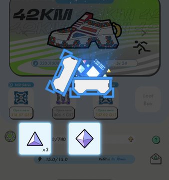 A screenshot from the STEPN GO app showing a virtual sneaker NFT, a 42KM event banner, and loot box rewards with in-game stats.