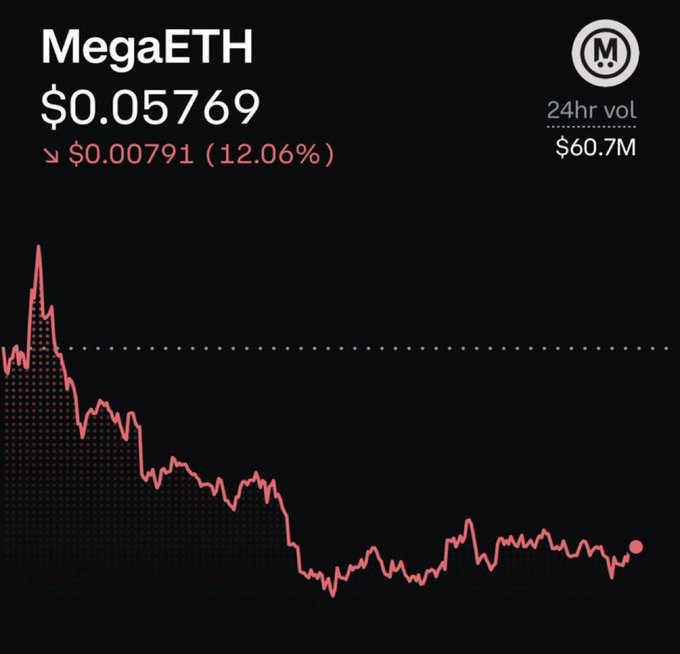 The image shows a screenshot of a stock trading chart, which appears to be a graph with a downward trend line that suggests a decrease or decline in value for a particular stock or index. The chart also displays text that reads "MEGAETH $0.05 6 hour vol" and "$MEGAETH 24 hour vol". These values seem related to the stock's current performance, as indicated by its market behavior on this trading platform.