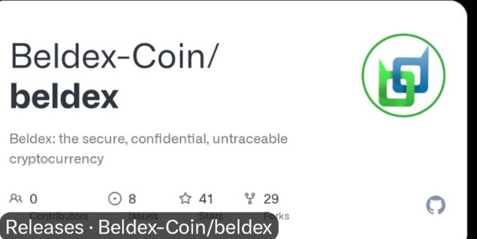 A GitHub repository page for Beldex-Coin/beldex, described as 'the secure, confidential, untraceable cryptocurrency' with 0 contributors, 8 issues, 41 stars, and 29 forks.