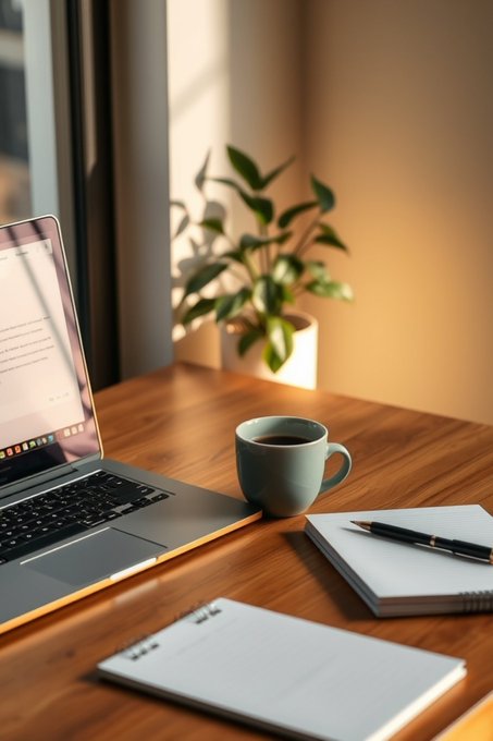 A wooden desk by a window with a laptop, a potted plant, a coffee mug, and notebooks bathed in warm natural light.