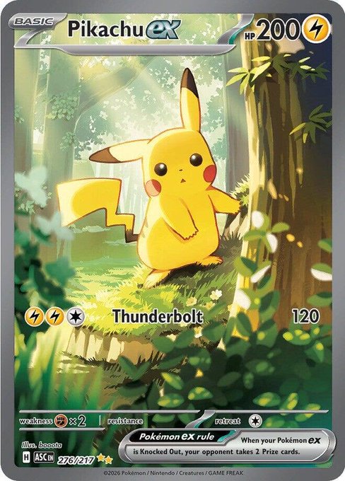 The image is a Pokémon trading card featuring Pikachu ex (HP 200) with a Thunderbolt attack (120 damage) and the iconic "Pokémon ex rule," which states that when Knocked Out, the opponent takes 2 Prize cards; the card is numbered 276/217 from the ASC set. This relates to the post discussing "treechu" (a playful nickname for Pikachu) dropping below $1k, suggesting it may continue to decline as the Ascended Heroes set is reprinted, though it remains a strong long-term hold worth buying on this dip.
