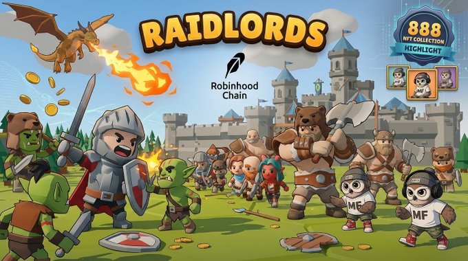 Promotional art for "RAIDLORDS" by Robinhood Chain shows cartoon fantasy characters battling in a castle courtyard, alongside an "888 NFT COLLECTION HIGHLIGHT" badge.