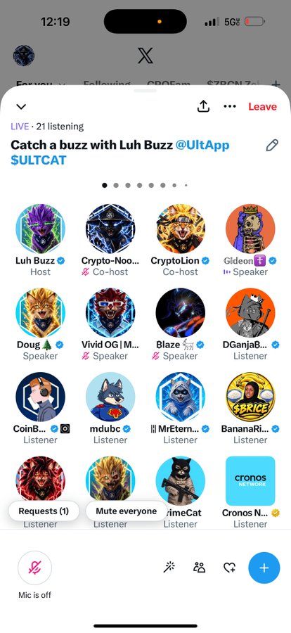 Mobile screenshot of an X (Twitter) Space titled 'Catch a buzz with Luh Buzz @UltApp $ULTCAT' showing 21 listeners and a grid of speakers including Crypto-Noot, Cryptolution, Gideon, Doug, Vivid OG, Blaze, DGanjaB, and various listeners.