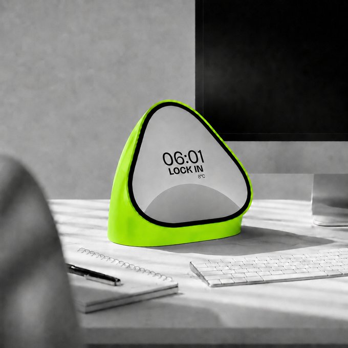 A neon green triangular clock displaying "06:01 LOCK IN" with "8°C" beneath sits on a desk next to a keyboard and notepad, visually representing the "Good Morning" post with its alarm-like display showing an early wake-up time.