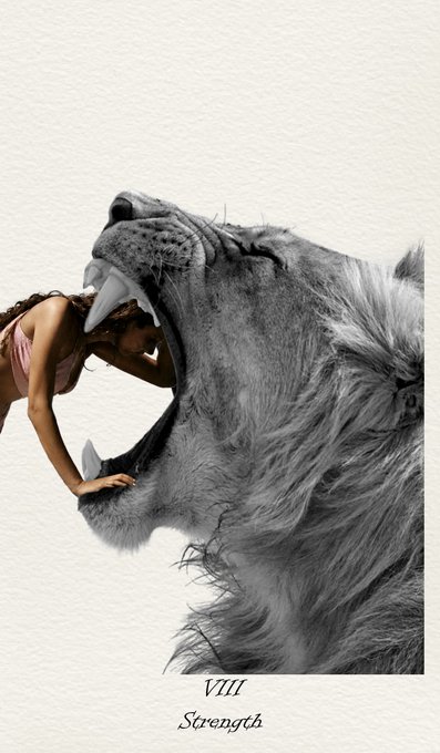 An artistic tarot card-style image labeled "VIII Strength" showing a person placing their head inside the open, toothy mouth of a roaring lion.