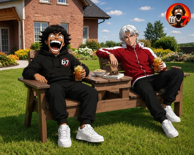 An anime-style illustration of two characters sitting on a wooden bench in a garden with drinks, one wearing a black '67' hoodie and the other in a red tracksuit, with a small chibi character in the corner.
