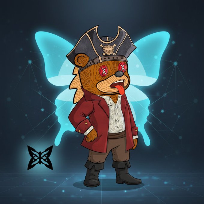 A cartoon NFT-style character of a bear dressed as a pirate, wearing a red coat and pirate hat, with red X eyes and tongue sticking out, set against a glowing blue butterfly background.