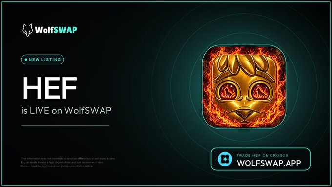 A promotional graphic for WolfSWAP announcing 'HEF is LIVE on WolfSWAP' as a new listing, featuring a fiery wolf icon and the URL WOLFSWAP.APP.