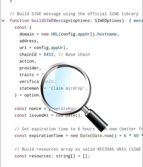 A close-up of TypeScript code showing a 'buildSIWEMessage' function with a magnifying glass overlay, displaying Sign-In with Ethereum message construction including chainId 8453 (Base chain) and 'Claim airdrop' statement.