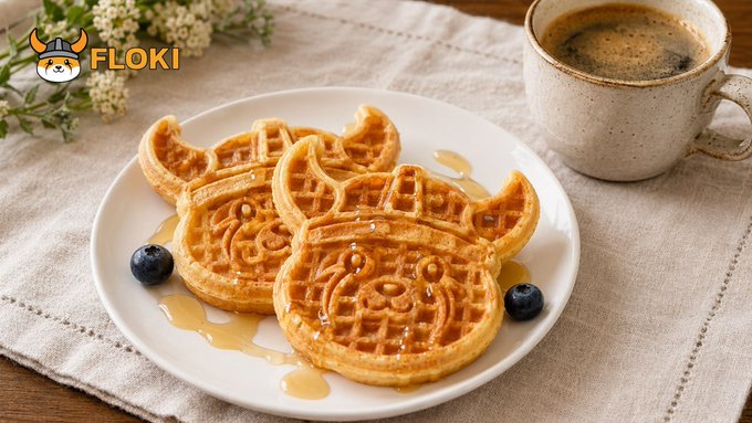 Two golden-brown waffles shaped like the FLOKI Shiba Inu mascot are served on a white plate drizzled with syrup and garnished with blueberries, paired with a cup of coffee on a linen tablecloth. The FLOKI logo in the corner ties the fun, dog-themed breakfast treat to the crypto brand, making "Bon appétit" the perfect playful caption for a tasty start to the day.
