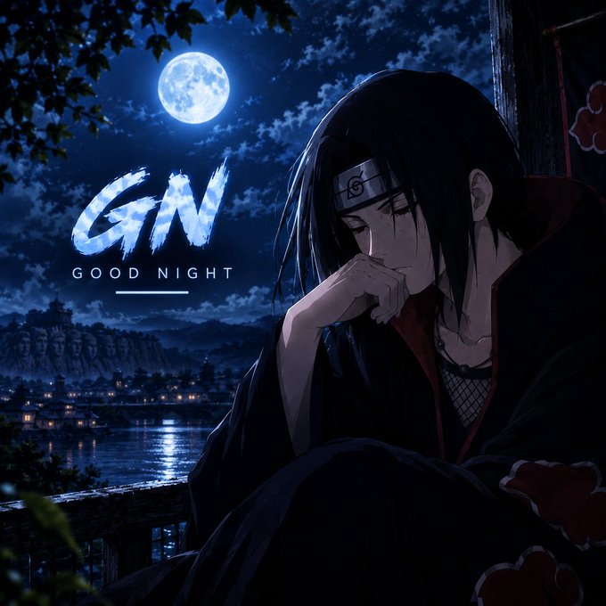 An anime-style illustration features a dark-haired character resting against a pillar under a full moon, with the text 'GN GOOD NIGHT' displayed over a nighttime village landscape.