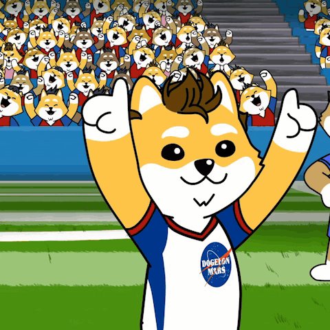 The image features a cartoon character, possibly a Shiba Inu or a similar breed of dog, wearing a blue shirt with "Mars" written on it. The character appears to be cheering for their team while holding up two thumbs up signs. The background shows a crowd of people and a sports field, suggesting that the scene is set in an event related to sports or a competition involving Mars exploration.