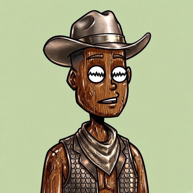 A digital illustration of a wooden character with a cowboy hat, bandana, and scale-patterned vest, featuring wide eyes with zigzag pupils against a light green background.