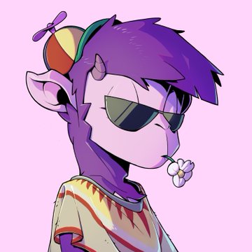 A cartoon-style portrait of a purple-haired character with sunglasses and a propeller hat blows a small white flower bubblegum bubble against a pink background.