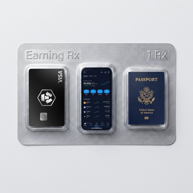 The image showcases a blister pack labeled "Earning Rx" containing three items: a Visa-branded Crypto.com Card, a smartphone displaying a crypto portfolio balance of $4,906.00, and a U.S. passport, all tying into the post's promotion of earning rewards through Crypto.com's card cashback, passive income, and travel benefits.