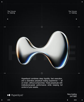 A dark promotional graphic for 'Hyperliquid' showing a metallic, reflective X-shaped or bone-shaped 3D object. Text reads 'The Future is Coming' and includes descriptions of the perpetual trading experience.