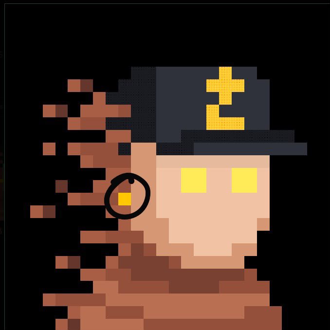 Pixel art image depicting a Minecraft-style character with a black cap featuring a yellow 'L', yellow glowing eyes, and a fragmented or disintegrating effect on the left side of the head against a black background.