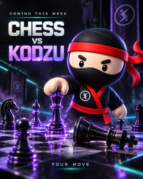 A promotional poster featuring a cartoon ninja character with a red headband on a chessboard, advertising an upcoming 'Chess vs Kodzu' event with the tagline 'Your Move.' and 'Coming This Week'.