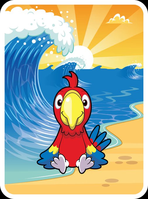 A cartoon illustration of a red, blue, and yellow parrot sitting on a sandy beach with a large blue wave and a sunburst in the background.