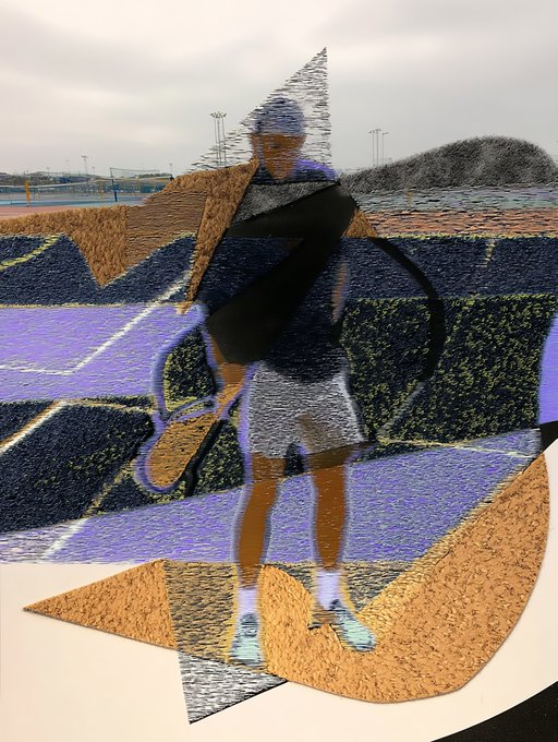 A stylized mixed-media artwork showing a person holding a tennis racket on a purple court, with fragmented geometric overlays in black, gray, and brown textures against a cloudy sky.