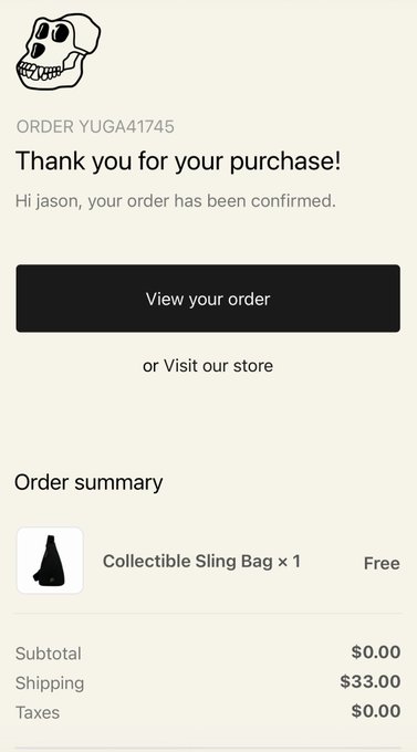 A purchase confirmation email for Order YUGA41745 thanking Jason for buying a Collectible Sling Bag (free item), with $33.00 shipping and a small skull logo at the top.