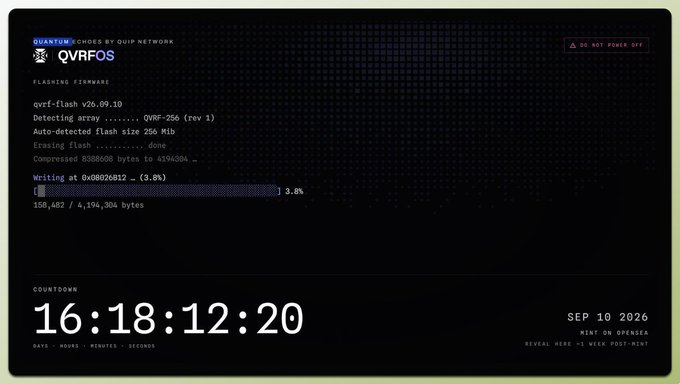 Quark Network QVRFOS firmware flashing screen showing 3.0% progress with a countdown timer of 16:18:12:20 and date SEP 10 2026.