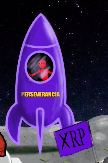 A vibrant digital illustration shows a purple rocket ship labeled "PERSEVERANCIA" with a red smiling stick figure visible through its circular window, set against a starry black space background with a lunar surface below and a purple flag reading "XRP" planted in the ground. The image humorously personifies XRP's resilience and upward momentum, matching the post's "Purple $XRP" theme by using the cryptocurrency's signature color and launching symbol to represent its determination to soar.